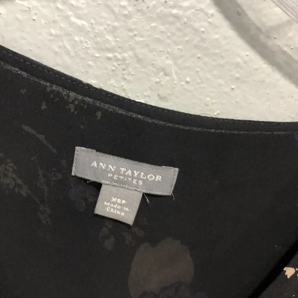 ann taylor 100% silk top xs small black leaves splat sheer chiffon dressy chic - Picture 3 of 14